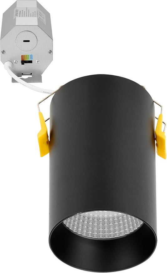 Maxxima 3 in. LED Cylinder Downlight, Recessed Ceiling Spot Light, 900 Lumens, 5 CCT Selectable 2700K/3000K/3500K/4000K/5000K, Dimmable, Black, 90 CRI, IC Rated, Canless, J-Box Included