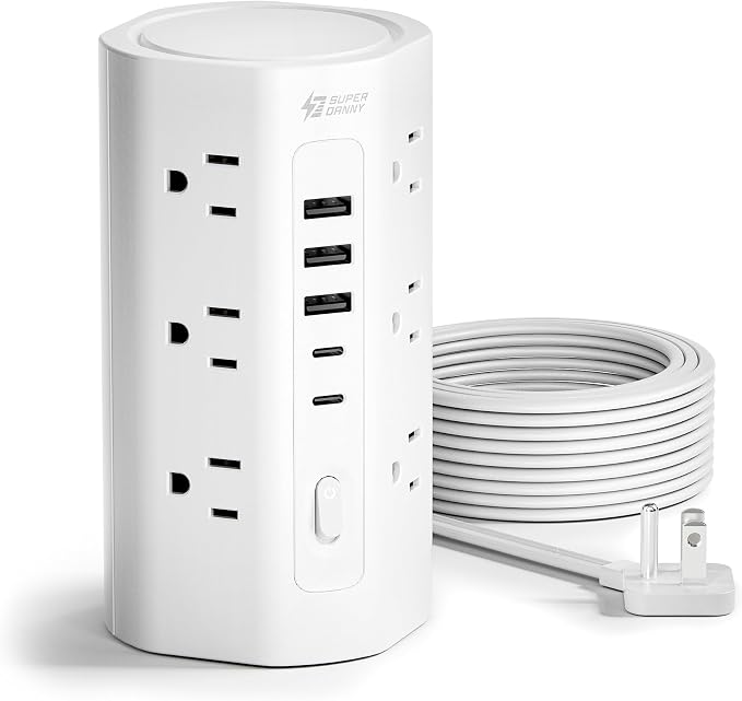 SUPERDANNY Tower Power Strip, 15Ft Extension Cord, 1700J, 12 AC 5 USB,White | 3 USB A, 2 USB C, Surge Protector Power Tower, Flat Plug, Desk Charging Station with Multiple Outlets, Home Office Dorm Room