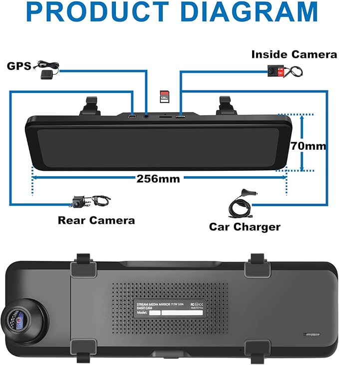 4K 3 Channel Mirror Dash Cam, 10.88" Triple Rear View Mirror Dash Camera Front Inside Rear for Car RV Truck, Night Vision, 64GB Card, WDR, G-Sensor, 24H Parking Monitor (INS102-3CH)
