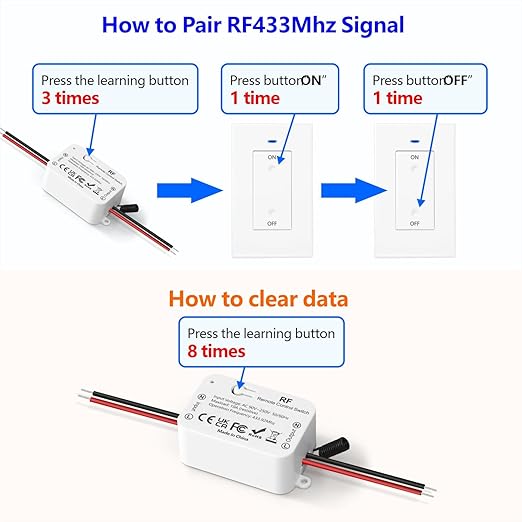 DieseRC AC 110V 120V 220V 240V Wireless Remote Control Light Switch 1500W 1 Channel 433Mhz RF Relay Receiver with 2 Transmitters Keyfob for Lamp Bulb