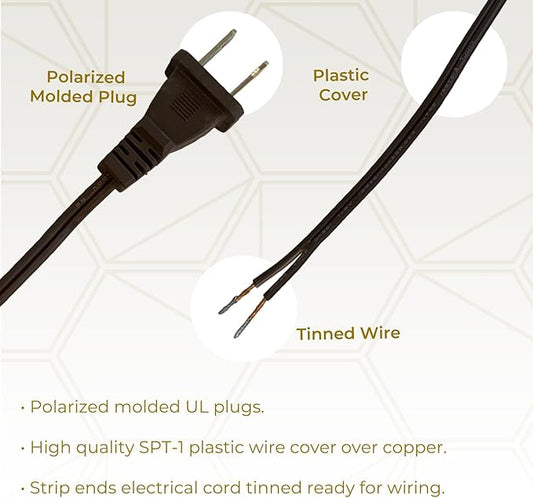 Royal Designs, Inc. 8 Foot Replacement Lamp Cord with Molded Plug and Rotary Dimmer Switch, Stripped Ends Ready for Wiring, SPT-1 Safe for USA, CO-1001D-BR-8-2, Brown, Pack of 2