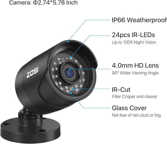 ZOSI 4 x 2MP 1080p Home Security Camera Outdoor Indoor, 1920TVL HD CCTV Bullet Camera, 100ft Night Vision, 90° Wide Angle, IP66 Weatherproof Surveillance Camera with 24 LEDs (Black Color)