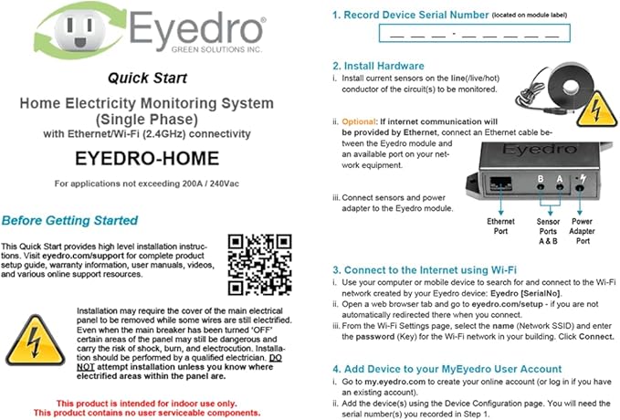 Eyedro Home Energy Monitor – Real-Time Electricity Usage Monitor with Solar Net Metering-Whole House Power Consumption Monitor–WiFi/Ethernet Smart Energy Meter with Reports & History, 2 Sensors