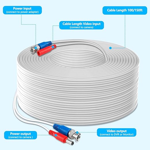OOSSXX Video Power Cable BNC Extension All-in-One Cables for CCTV Security Cameras, Outdoor Wired Surveillance Camera DVR System
