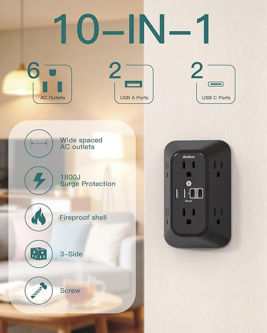 Addtam 6-Outlet Extender Surge Protector, Multi Plug Wall Outlet with 4 USB Wall Charger(2 USB C Ports), Plug Extension Outlet with 1800J, Outlet Splitter Power Strip for Home Office, 2 Pack, Black