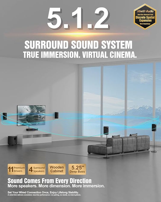 Wooden 5.1.2 Sound Bars, 4 Surround Speakers Wired, Virtual Surround Sound System, Soundbar for Smart TV Speaker w/5.25'' Wired Subwoofer, Home Theater, ARC/Opt/BT/AUX, HiPulse N512