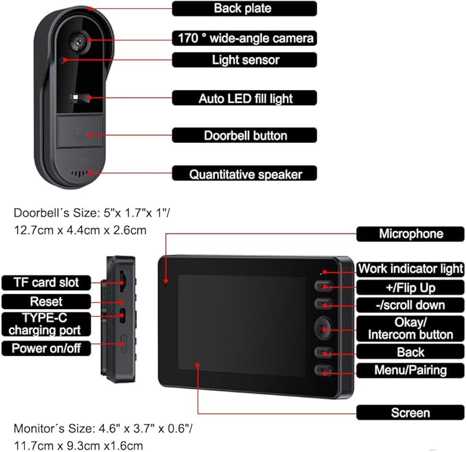 TKMARS Doorbell Camera Wireless No Subscription Video Doorbell, Two-Way Activation & Intercom, IPX65 Waterproof, 1080P Video, 4.3” Screen, 170° Viewing Angle, No APP, No WiFi