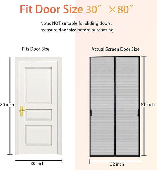 FEGO Magnetic Screen Door Fit Door Size:30"x80", Screen Itself Size 32"x81", Enjoy Breeze, Hands Free Entry, Reinforced Fiberglass Mesh Anti-Tearing, Pet & Kid Friendly, Strong Magnets for Patio/Front
