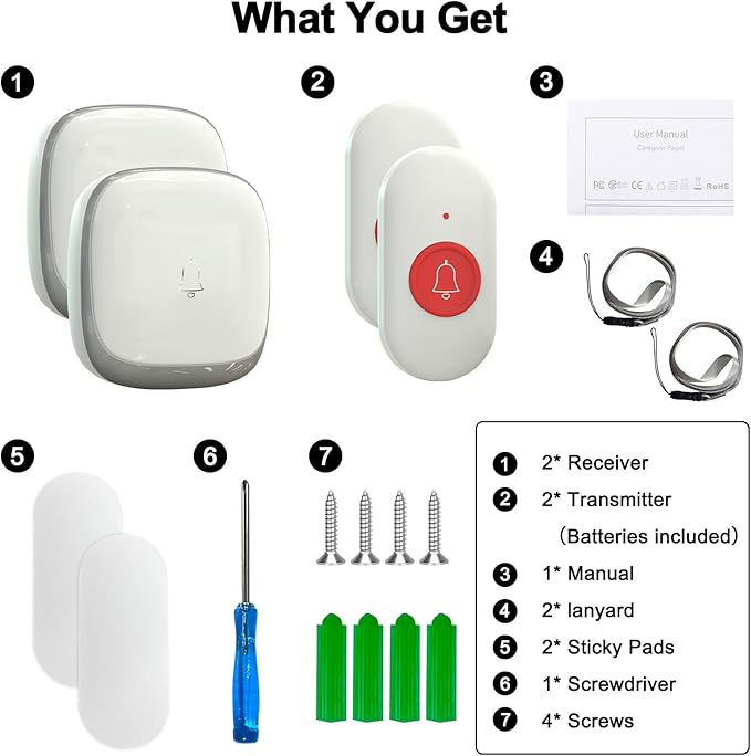 Call Button for Elderly at Home, Caregiver Pager | Fall Alert Devices for Elderly 500+ft for Home/Elderly/Pregnant Women/Disabled, 2 Receiver+2 Transmitters