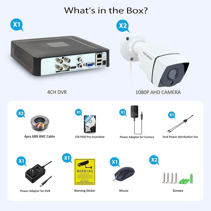 4CH 1080P Security Camera System Outdoor Indoor with Motion Detection, Night Vision, with 500GB Hard Drive, 2pcs HD 1080P 1920TVL Surveillance Bullet Cameras, for Home 24/7 Recording
