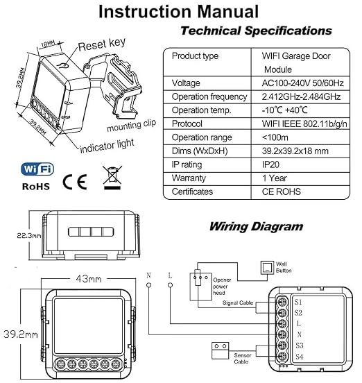 WiFi Garage Door Opener Controller, 1CH