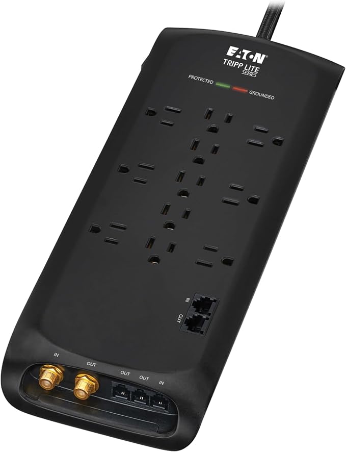 Eaton Tripp Lite Series Surge Protector Power Strip with Flat Plug Braided Extension Cord + Coax, Phone/Modem & Ethernet Ports, 4200 Joules, 8ft Cable, Manufacturer's (TLP118DBTELTV)