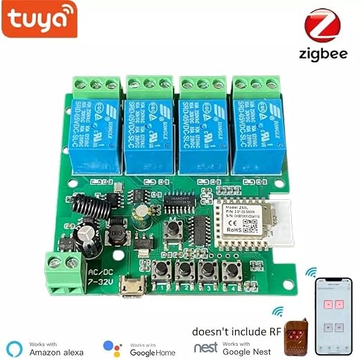 4 Channel 12V ZigBee Relay Switch with Clean Contact, Adjustable Self-Lock and Momentary Interlock Working Mode,Automate Garage Gate Door Blind(Zigbee Hub Needed)