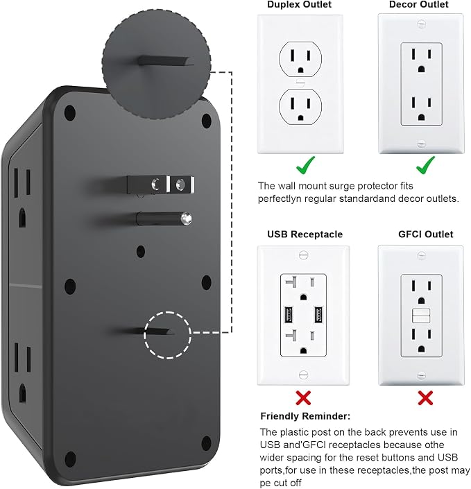 JcBlaon 3 Pack Outlet Extender Surge Protector, 6 Outlet Splitter with 4 USB Ports (2 USB C),1050J 3-Sided Multi Plug Wall Outlet, USB Wall Charger for Home Office Kitchen Travel(Black)-ETL