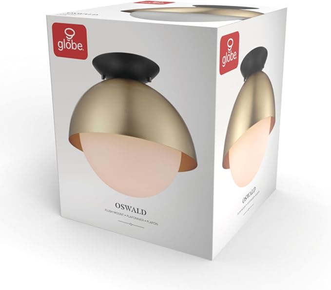 Globe Electric 60320 1-Light Flush Mount Ceiling Light, Matte Brass, Black Accent Canopy, Frosted Glass Shade, Modern Lighting for Kitchen Island, Bedroom or Dining Room, Home Decor
