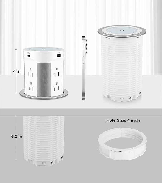 Pop Up Outlet for Countertop, 15W Wireless Charger PD 45W, 2 USB-A & 2 USB-C & 8AC Outlets 15A Tamper Resistant, 4-inch Island Kitchen Pop Out