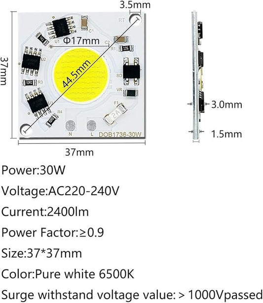 2pcs LED COB Chip 30W 2400lm Lumens Pure White Warm White Light 3000k 6500k 220V Smart IC No Need to Drive Commercial Lighting L(Pure White 6500K)