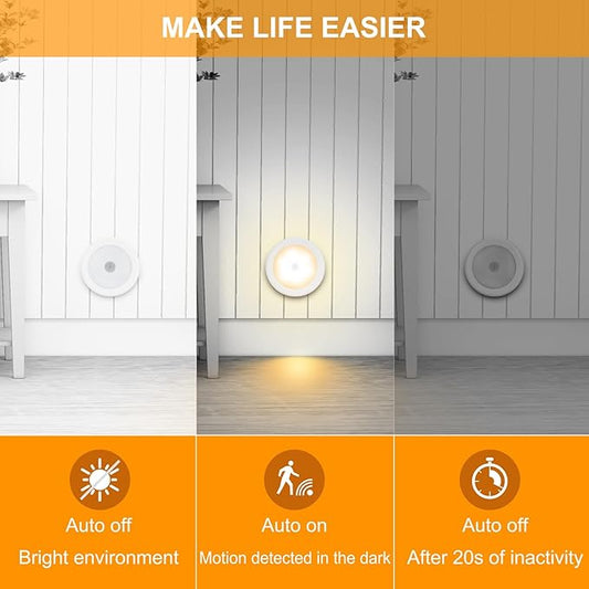 Mlambert 4 Pack Motion Sensor LED Night Light, Cordless Battery-Powered Stick-on Magnet Closet Lights, Safe Lighting for Stairs, Cabinet, Warm White