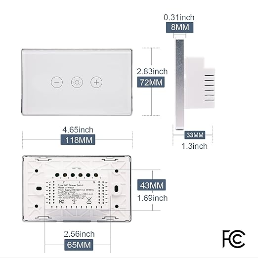 Smart Dimmer Switch,4.65 X 2.83 X 1.3 Inches,Aluminum Frame,Need Neutral Wire,2.4GHz,Tuya/Smart Life App/Alexa,2.5D Curved-Edge Tempered Glass Panel,White
