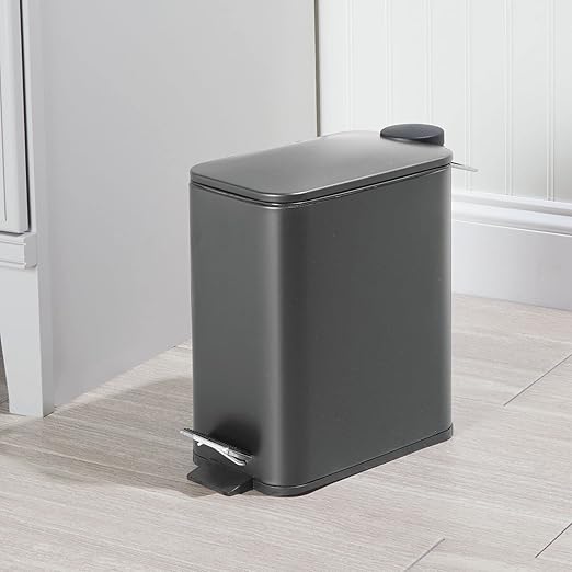 mDesign Rectangular Pedal Bin โ 5 L Metal Waste Bin with Pedal, Lid and Plastic Bucket Insert โ Household Rubbish Bin for Bathroom, Kitchen and Office โ Dark Grey