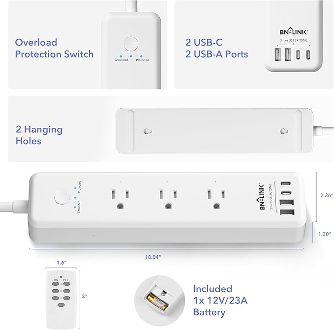 BN-LINK Remote Control Power Strip with 3 Independent Outlets,4 USBs (incl. 20W USB-C), 3.9Ft Extension Cord, 15A/1875W Overload Protection, Wall Mount, for Home, Office, ETL Listed, 1200J