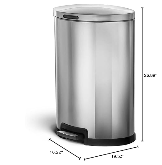 Home Zone Living 12 Gallon Semi-Round Kitchen Trash Can with Soft Close Lid, Step Pedal, Bag Tuck Band, and Removable Liner, Stainless Steel, Silver