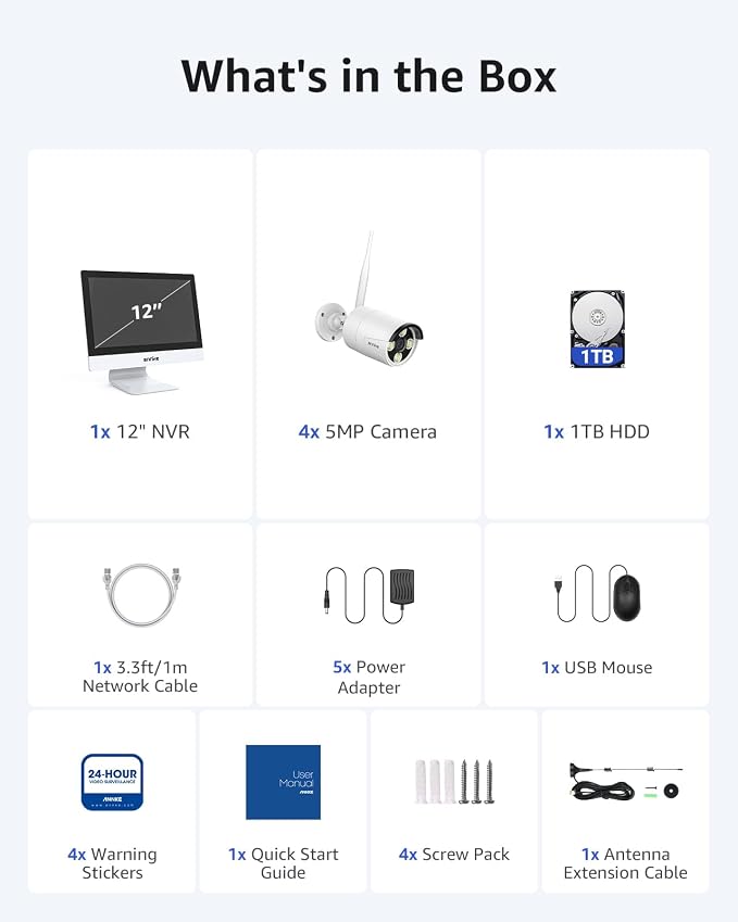 ANNKE 5MP Wireless Security Camera System, 12" Monitor, 4 Cameras, 1TB HDD | 10CH Expandable WiFi NVR, Dual-Band WiFi, Human Detection, Two-Way Audio, Color Night Vision, IP66 Metal Cameras