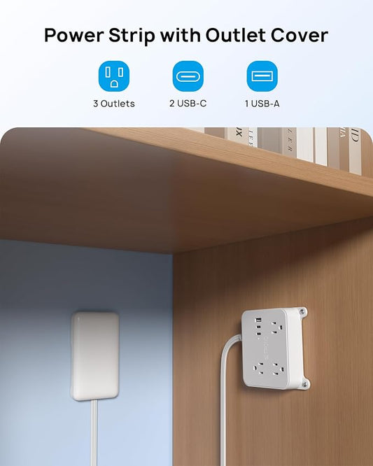 TROND Flat Outlet Cover Extension Cord, 3 AC Widely Spaced with 2 USB C | 5FT Plug Concealer Power Strip, Wall Mount Behind TV, Hidden Under In-Drawer Desk Cabinet Vanity Counter