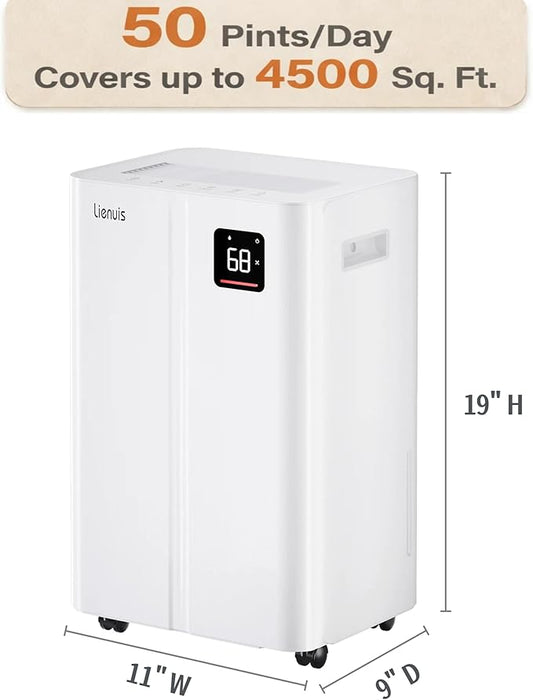 50 Pint Dehumidifier for Large Rooms & Basements, Up to 4,500 Sq.Ft, Automatic Humidity Control with Continuous Drain, Quiet 40dB, 24-Hour Timer, Wheels & Child Lock