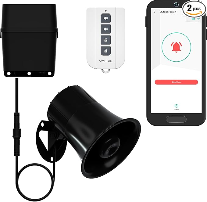 Outdoor Alarm Controller 2 and SirenFob Kit, Battery-Powered Siren/Alarm/Relay Controller, 12VDC Out, Up to 1/4 Mile Open-Air Range, 110dB Siren Included, YoLink Hub Required