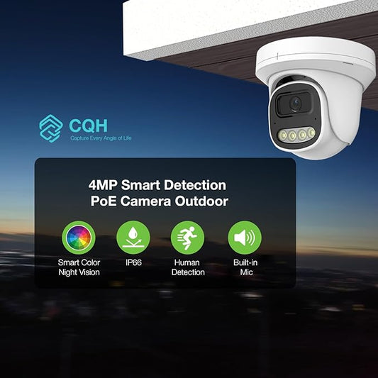 4MP PoE IP Turret Dome Camera with Microphone/Audio, IP Security Camera Outdoor Indoor Wired, Human Motion Detection, Waterproof IP66, 2.8mm Lens, 24/7 Recording, Night Vision 65ft