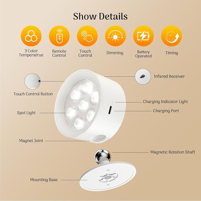 Rechargeable Wall Sconce 2 Pack, Remote & Touch Control, Dimmable | 3 Color Temps, Wireless LED Wall Lights, Magnetic Reading Light, 360° Rotating Wall Lamps for Bedroom Bedside, Living Room