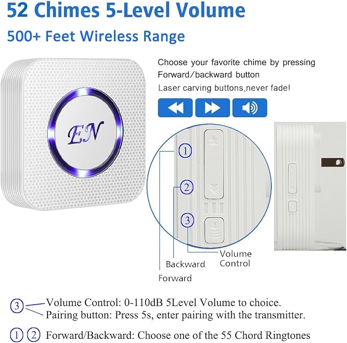 Wireless DoorBell Chime, Door Sensor Alarm When Open for Kids Safety, Home and Business, 500 FT Range, 58 Ringtones, 5 Adjustable Volume, On/Off Switch