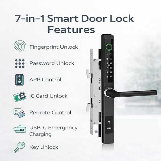 Smart Door Lock with Handle - Keyless Entry Fingerprint & Touchscreen Keypad - App Control, Alexa & Google Home Compatible - Waterproof Sliding Door Patio, Wood, Aluminum Slim Door - DIY Black
