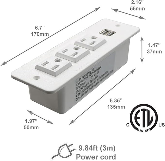 Conference Recessed Power Strip with USB Mountable Power Outlet Built in Desktop Workbench Drawer Cabinet 10'ft Heavy Duty Power Cord White