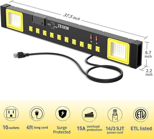 ZESEN 10 Outlet Power Strip with LED Worklight, Heavy Duty Metal Power Strip Surge Protector 4ft Cord with 2-Port USB Charge, ETL Listed for Workshop Garage Office Home