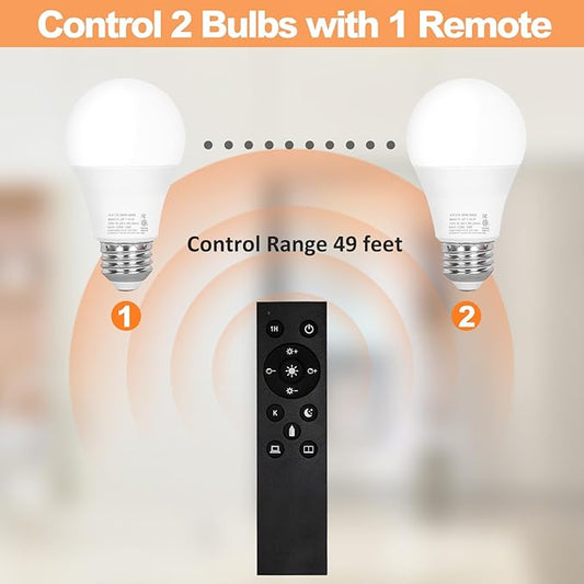 Brilvibera A19 LED Light 2 Bulbs with 1 Remote Control, 9W LED Bulbs, E26 Base, 805 LM, Dimmable Stepless 2700K-6000K, 25000 Hours Lifespan, Light Bulb for Floor Lamp, Pendant Lamp, Table Lamp