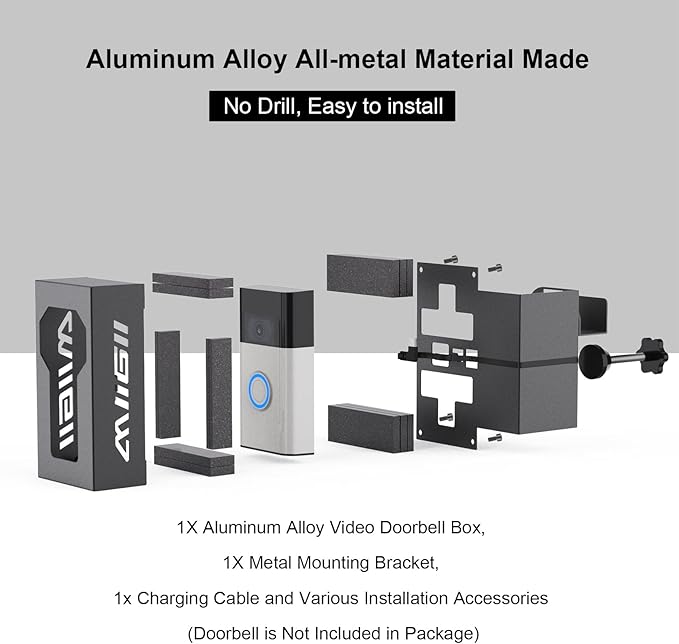Bleu Clair Anti-Theft Video Doorbell Mount All Metal Compatible with Ring/Blink Wireless Doorbell, with Charging Port, No Drill, Not Block Doorbell Motion Sensor, for Rentals Apartment