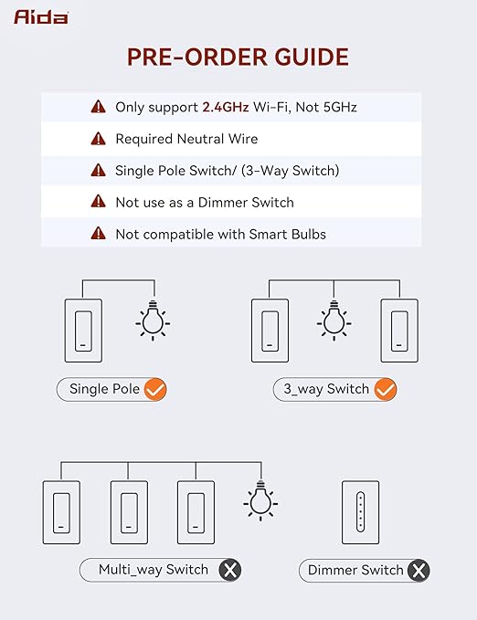 AIDA Smart Light Switch, 3 Way WiFi Smart Switch, Compatible with Alexa and Google Home, Neutral Wire Required, 2.4Ghz WiFi Switch for LED, CFL, Incandescent Bulbs, No Hub Required, White, 1 Pack