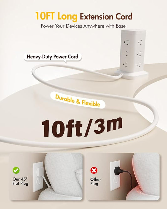Power Strip Tower with Surge Protector 1800J, Fast Charging Tower PD20W USB-C Ports with 12 AC Outlets, 10ft Extension Cord for Home Office Dorm Room, White