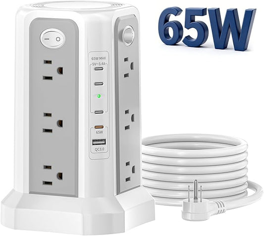 PASSUS PD 65W USB C Fast Desktop Charging Station, Tower Power Strip Surge Protector with 12 Widely Spaced AC Outlets|4 USB C|1 USB A, 10FT Extension Cord Overload Protection for Home Office Dorm