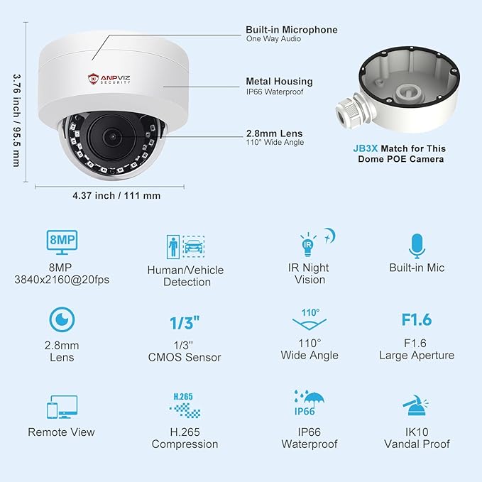 Anpviz UltraHD 4K (8MP) Security IP PoE Dome Camera Outdoor with Microphone/Audio, 3840x2160, Human Vehicle Detection, 100ft IR Night Vision, 2.8mm Wide Angle, IP66, Not PTZ,IPC-D280W-S (U Series)