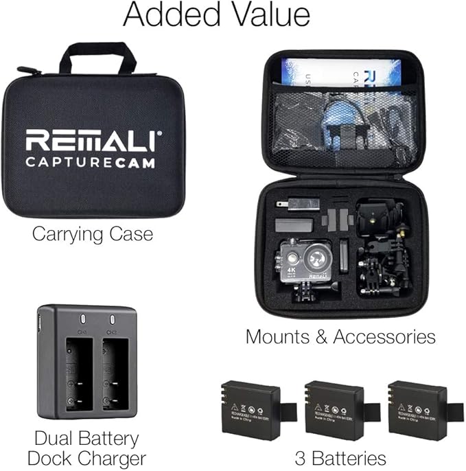 REMALI CaptureCam 4K60FPS Waterproof Action Camera 21-Piece Complete Kit and 3 Batteries — Amazing Family Sports Camera That Captures Best Moments — Great for Baseball, Fishing & Travel Adventures