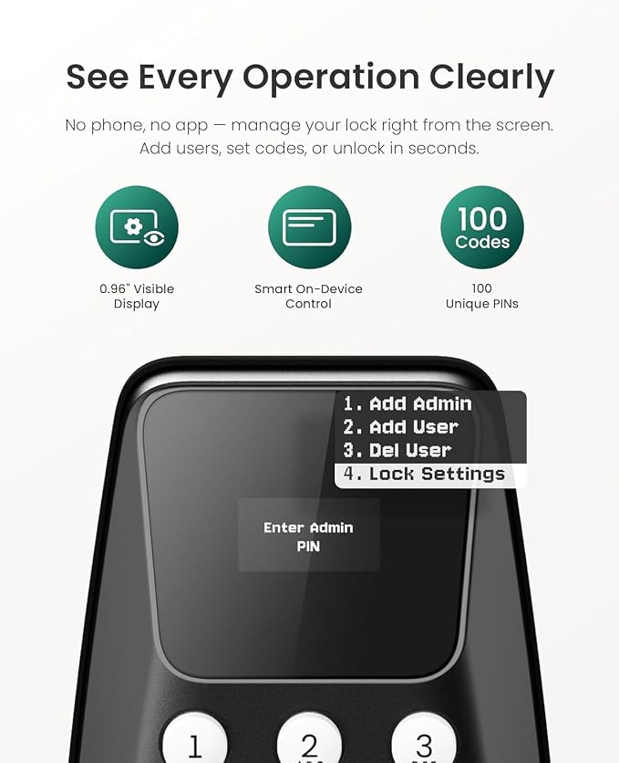 DESLOC C100 Keyless Entry Door Lock with Handle Set, Visual Display | Smart Deadbolt Lock with 100 PIN Codes, Passage Mode, 2 Keys, IP54 Weather Resistance, 12-Month Battery, Auto Lock, Black