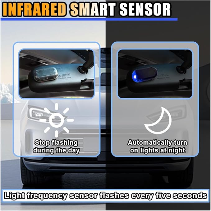 JOYCOURT Car Solar Power Simulated Dummy Alarm, Flash Warning LED Light Alarm, Anti-Theft LED Warning, Flashing Security Light Fake Lamp with USB Port, Car Accessories for Most Cars (Blue, 1PC)