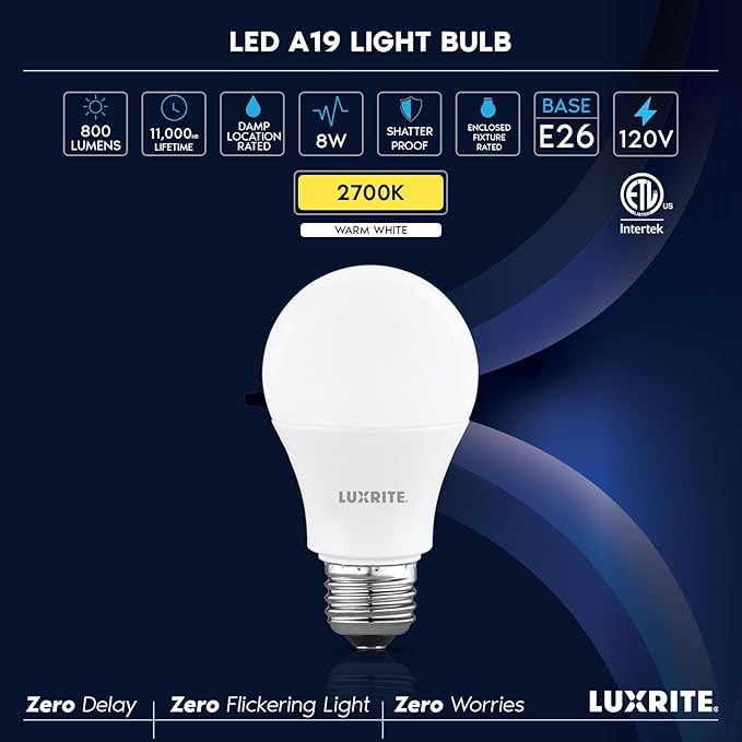 LUXRITE A19 LED Light Bulb 60 Watt Equivalent, Non-Dimmable, 2700K Warm White, 800LM, Standard LED Light Bulbs 8W, E26 Base, Enclosed Fixture Rated, Damp Rated, ETL Listed (24 Pack)