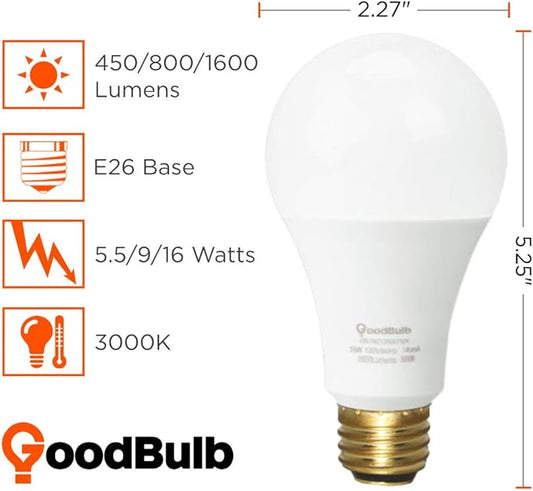 GoodBulb LED A21 3-Way Light Bulbs 5/9.5/16 Watt (40/60/120 Watt Equivalent) E26 Base Warm White 3000K EcoSmart Lights High Output 450/800/1600 Lumens 2 Pack