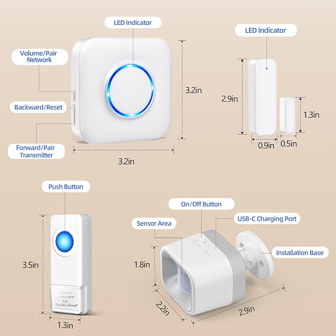 WiFi Sensor, Smart Motion Detector Kit with Phone App Alerts, Includes Gateway Hub, PIR Motion Sensor, Doorbell Button, Door Sensor, DIY Burglar Alarm for Home Business Apartment (Only 2.4GHz)