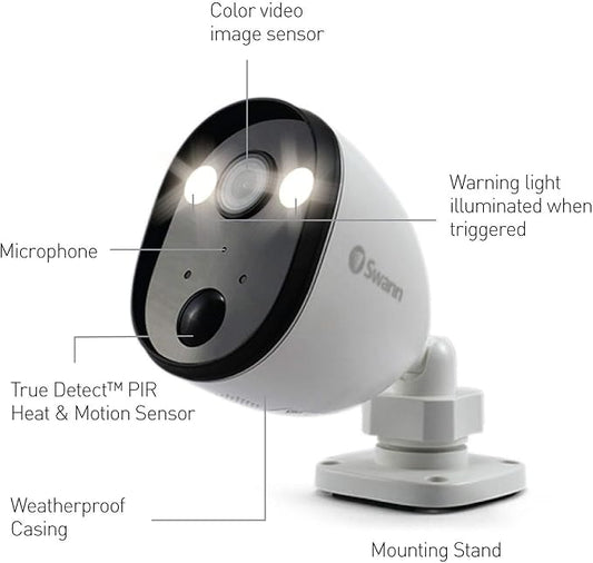 Swann Outdoor Home Security Camera, Spotlight, Weatherproof, Color Night Vision, Heat & Motion Sensor Light, 2-Way Talk and Siren, SWIFI-SPOTCAM-GL (Renewed)