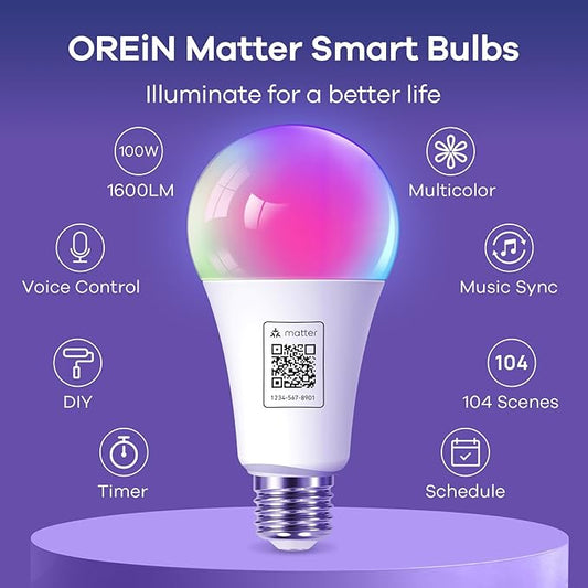 OREiN Matter Smart Light Bulb, 1600/1200 Lumens 100W/85W Equivalent Smart Light Bulbs, Color Changing Light Bulbs Work with Apple Home, Alexa, Google Home, SmartThings
